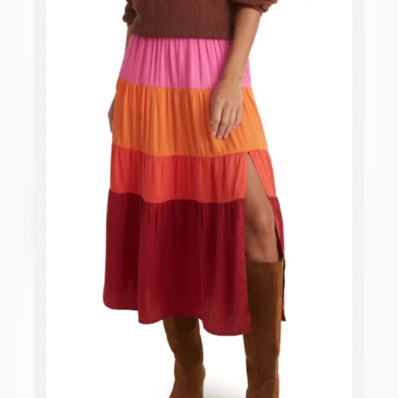 MARINE LAYER Colorblock Tiered Midi Slit Skirt In Fuschia Orange Red Pink SM - Picture 1 of 9
